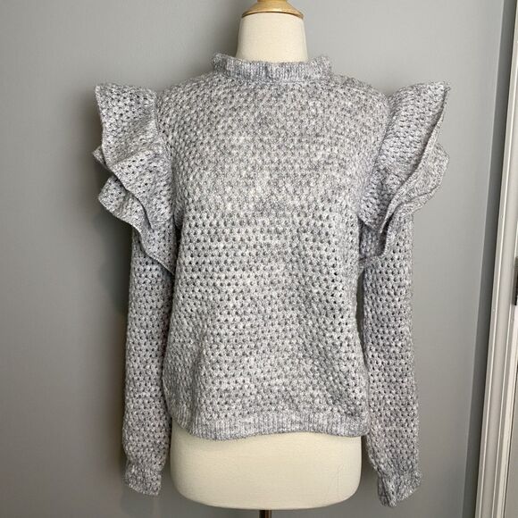 Broadway Gray Ruffle Sleeve Mock Neck Sweater, Size M - Picture 1 of 7
